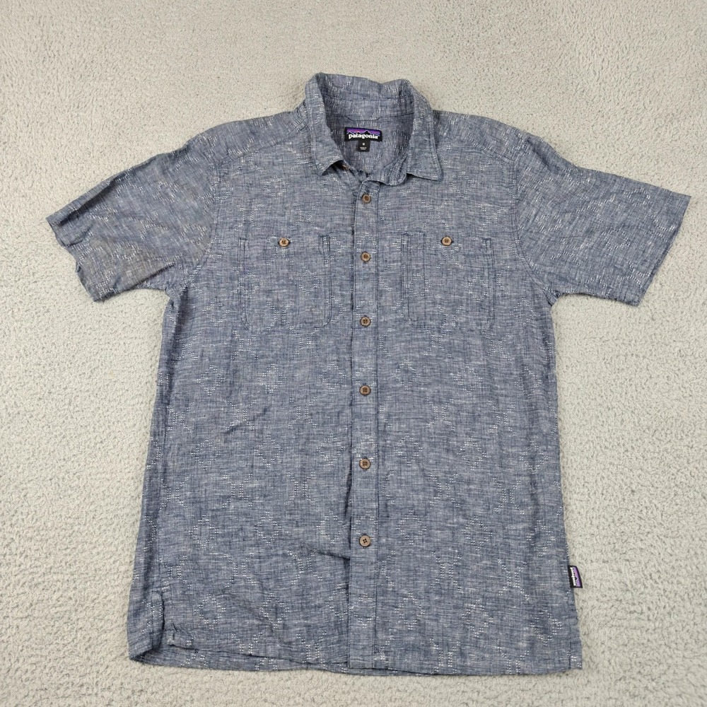 Patagonia Shirt Mens Medium Blue Hemp Cotton Short Sleeve Button Up STY53139